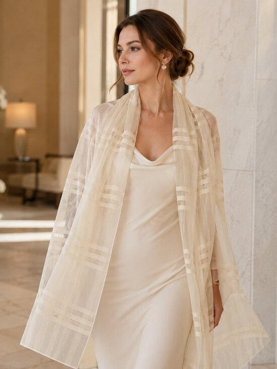 Accessories - Vintage Sheer Ivory/Champagne Plaid Scarf — Quiet Luxury Minimalist Elegance